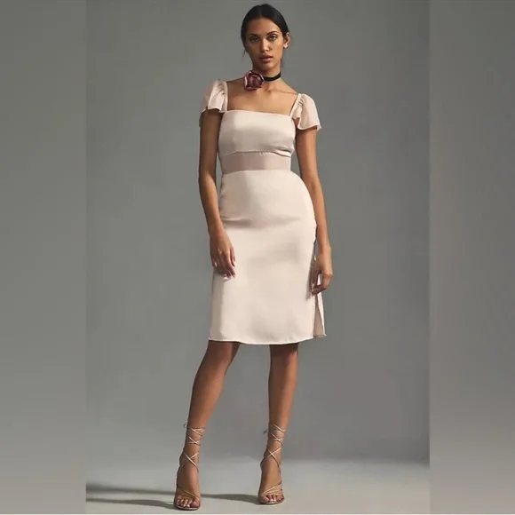 By Anthropologie Flutter-Sleeve Satin Sheath Dress in Light Sand - Picture 1 of 9